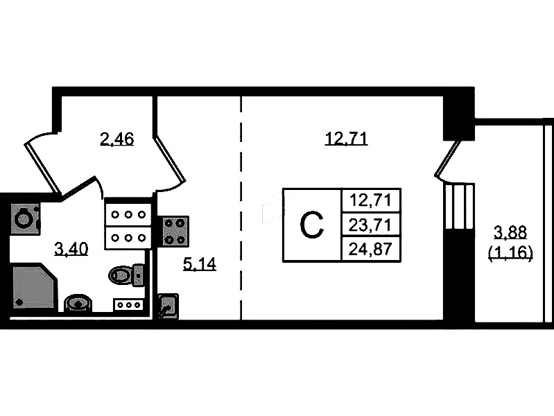 Квартира студия 24.87 м², 8/11 эт., ЖК «Новое Колпино»